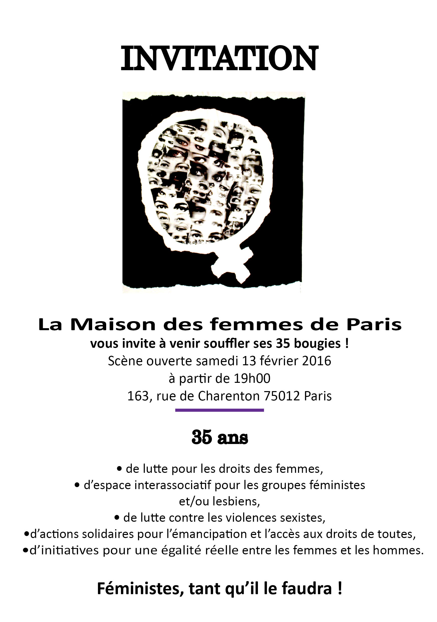 Invitation 35 ans de la Maison des Femmes de Paris samedi 13 février 2015