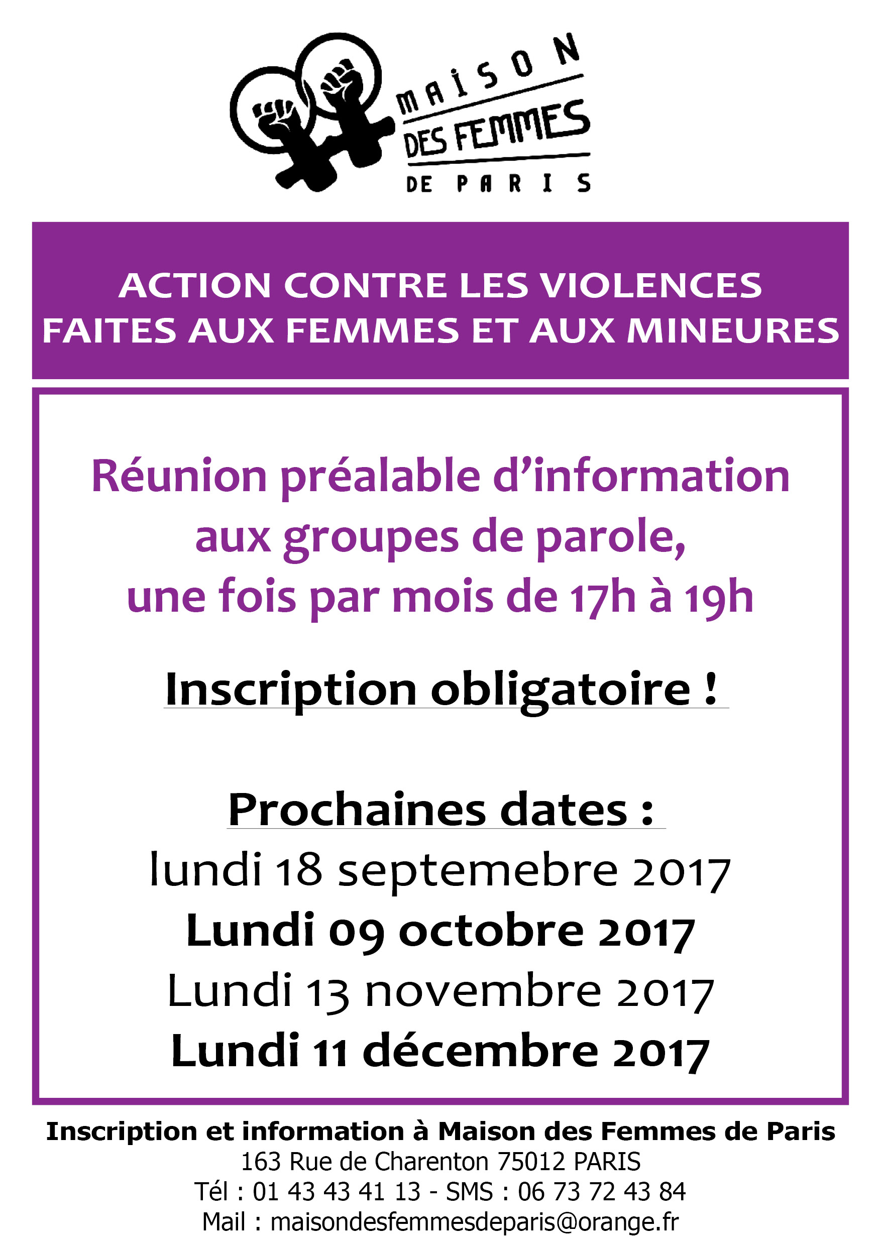 Date 2017 des réunions d'info préalable aux groupes de Parole Action contre les violences masculines
